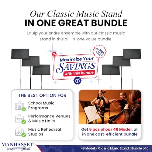 Manhasset Music Stand For Sheet Music - Bulk Pack of 6 Stands - 48 Symphony Model - Long Lasting, Durable Manhasset Stand - Adjustable Height - 20" by 12" - Made in the USA