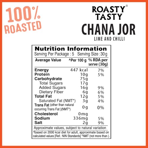 Image of Roasty Tasty Roasted Chana Jor Lime & Chilli Whole Grain Indian Snacks- 200g |No MSG | Zero Cholesterol & Trans Fat | Diet Namkeen | Gluten Free | Ready-to-eat | High in protein | Export Quality | Healthy Snacks