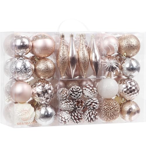 Sea Team 73-Pack Assorted Shatterproof Christmas Ball Ornaments Set Seasonal Decorative Hanging Ornament Set with Reusable Hand-held Gift Package for Holiday Xmas Tree Decorations, Rose Gold