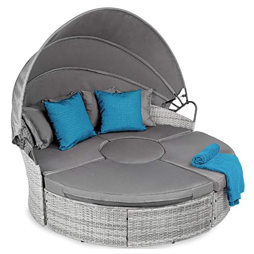 Best Choice Products 5-Piece Modular Patio Wicker Daybed Sectional Conversation Lounger Set w/ 2-in-1 Setup, Adjustable Seats, Clips, Retractable Canopy, Cover, Weather-Resistant Cushions - Gray