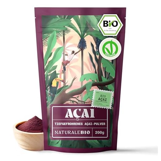 NaturaleBio Acai Pulver 200 g gefriergetrocknetes Acai-Beeren Pulver (Freeze-Dried) aus Brasilien - Getrocknete Rohkost aus der Acai-Frucht, ideal für Smoothies und Gesundheitsdrinks (1er pack)