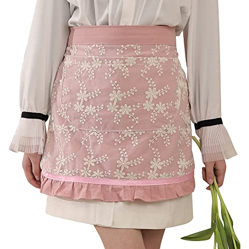 Joli tablier à la taille avec 2 poches – Tablier de serveur en dentelle de coton brodé, pour femmes et filles, rose, Medium