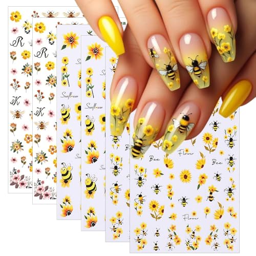 6 Sheets Bee Flower Nail Art Stickers 3D Self Adhesive