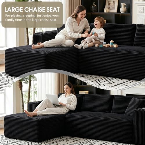 Image of Cloud Sectional Boneless Couches for Living Room,Modular Sectional Sofa with 2 Cup Holders,Memory Foam Cloud Couch with L Shaped Oversized Chaise,No Assembly Needed Plush Corduroy Sofa,Black