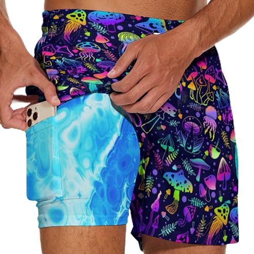 Mens Swim Trunks 2 in 1 Pattern 5 Inch Swimming Beach Shorts Casual Summer Board Shorts with Pockets
