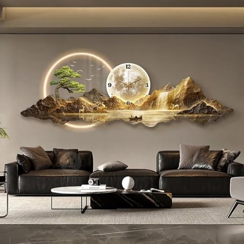 3D Wall Art Sculptures, Traditional Chinese Feng Shui Pine Landscape Painting, Modern Living Room Decor with Lamp and Wall Clock