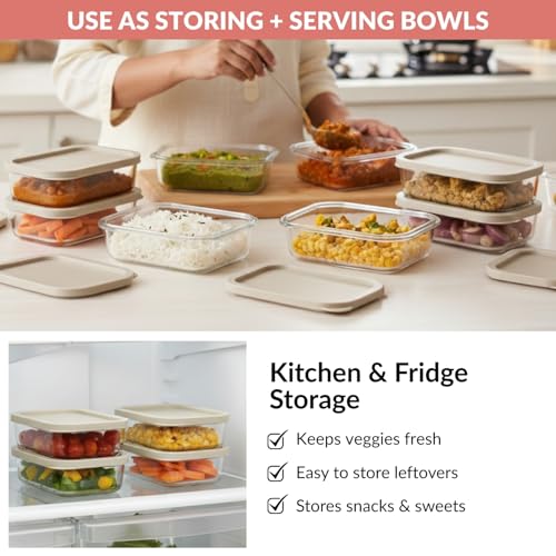 Image of Nestasia Groovo Glass Containers for Fridge Storage Set of 4 (520ml Each) - Transparent Stackable Glass Container with Lid, Microwave & Dishwasher Safe Containers with Ribbed Texture (Beige)