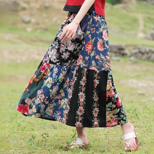 Women's Bohemian Floral Patchwork Maxi Skirts 2025 Festival Trend Breathable Cotton Yoga & Travel Sundress3