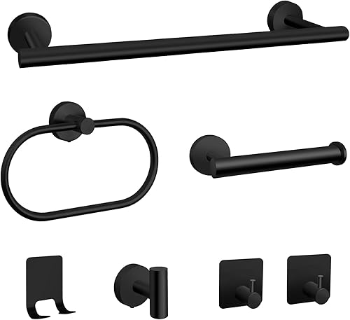 Juego de 7 piezas de accesorios de baño, juego de torre de baño de acero inoxidable negro mate, montaje en pared, incluye barra de toalla de 16
