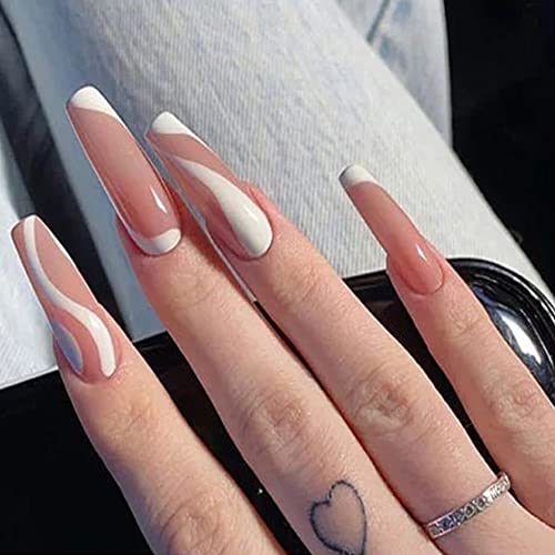 24Pcs/Box Press on Nails Medium , Glossy Fake Nails Coffin, False Acrylic Nails with Glue for Women and Girls（W012）