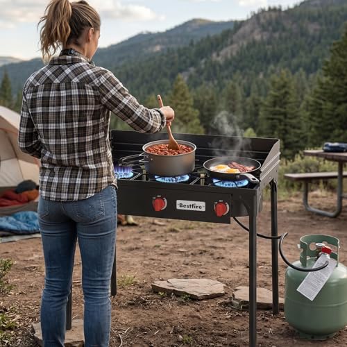 Image of BESTFIRE 3 Burner Camping Stove, 225,000 BTU Propane Stove with Detachable Windscreen, Removable Legs & 20 PSIG Regulator&Octagonal Auxiliary Shelf&Ignition wire for Outdoor Cooking, Canning, BBQ