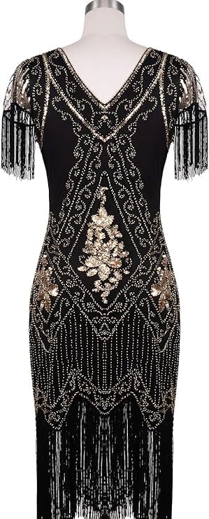 Image of 866A - 1920s Vintage Fringed Gatsby Sequin Beaded Tassels Hem Flapper Party Prom Cocktail Dress with Accessories