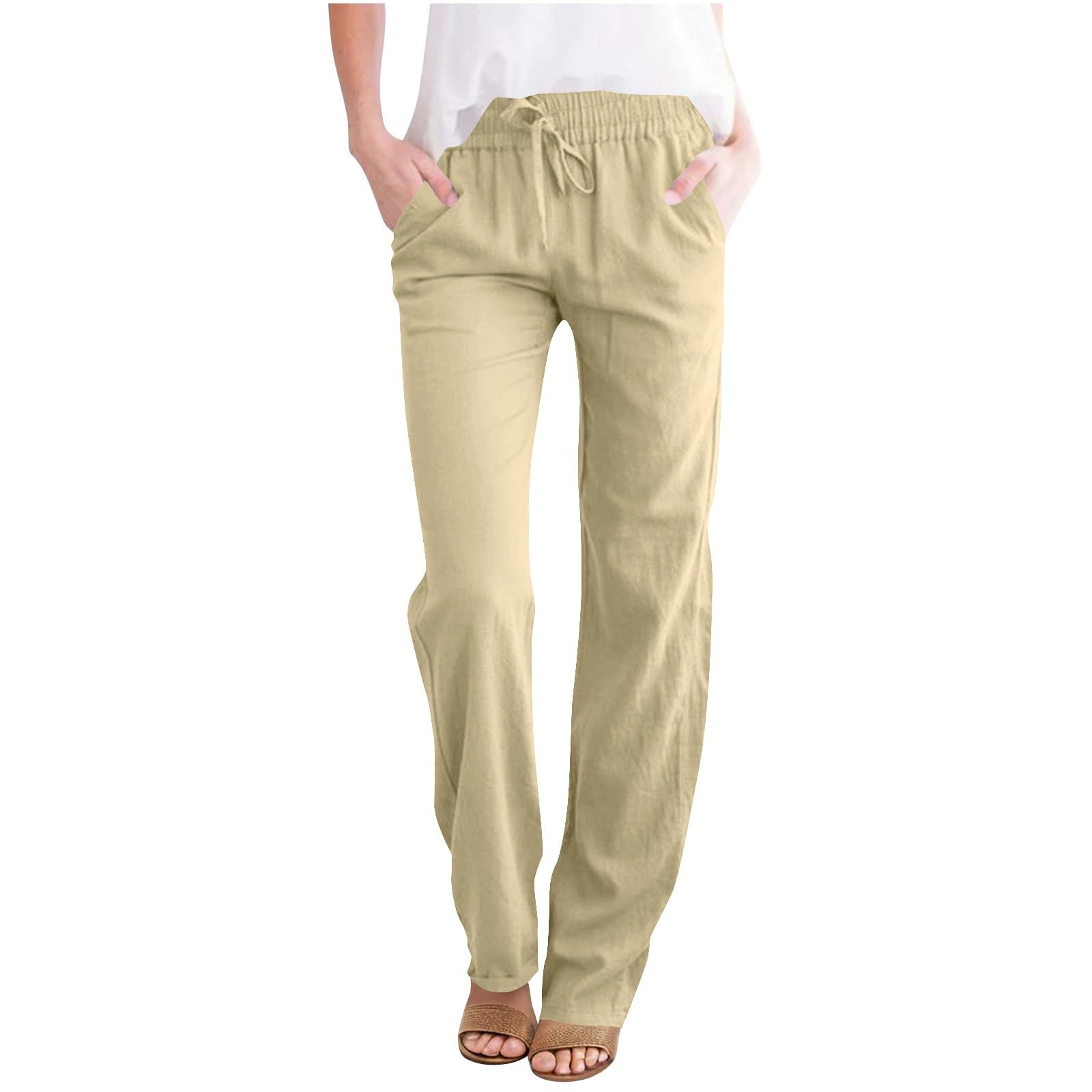 Womens Casual Pants Drawastring High Rise Straight Leg Full Length Pant Solid Color Slim Comfy Trousers with Pockets
