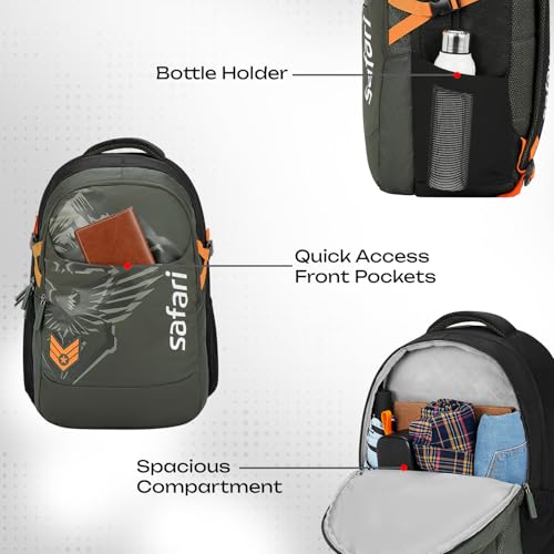Image of Safari Terra 3 37L Casual Printed Backpack, School Bag for Boys and Girls, Travel Bag for Men and Women, 3 Compartments, Raincover, Armour Base, Organiser, Bottle Holder, Front Pocket, Olive