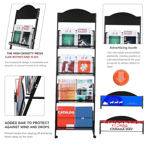 LIWSHWZ Brochure Display Stand,4-Tier Magazine Rack,Floor-Standing Magazine Literature Display Stand with Wheels,High-hardness metal,for Shop Exhibitions Office - Image 5