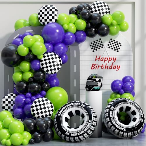 Image of Monster Truck Balloon Arch Garland Kit 156pcs, Green Purple Black Silver Big Wheels Race Car Balloons Arch Kit for Two Fast Theme Boy Birthday Anniversary Monster Truck Party Decorations