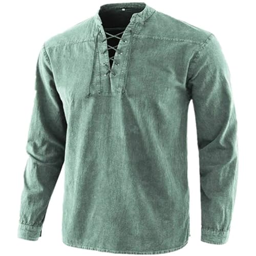 Mens Lace Up Long Sleeve Shirts Retro Style Fashion Stand Collar Hippie Shirt Sport Casual Yoga Blouse Costume (Light Green,XX-Large)