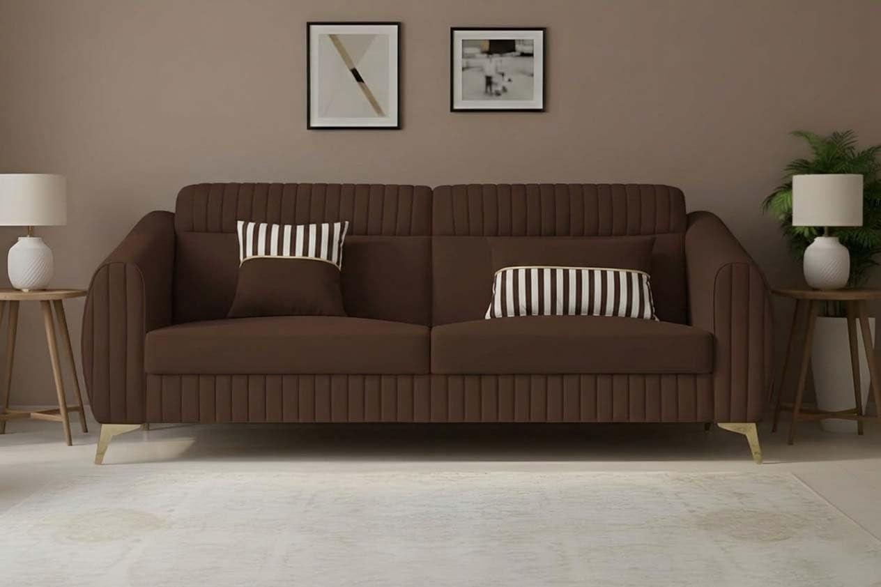 Adorn India Premium Luster Plus 3 Seater Sofa | Velvet Suede Fabric | 3-Year Warranty | Color Brown with Golden Legs & Striped Pattern Cushion