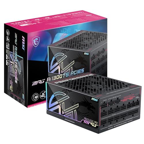MSI MPG Ai1300TS PCIE5 Fully Modular Gaming 1300W Power Supply 80+ Titanium Dual 12V-2x6 Cables GPU Safeguard+ SiC MOSFETs Fan Safeguard ATX 3.1 & PCIe 5.1 Ready 12 Year Warranty