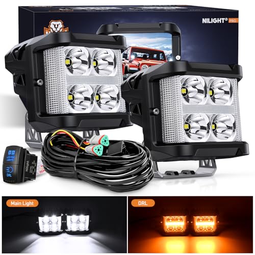Image of Nilight Side Shooter LED Light Pods with Amber DRL 4 Inch 26 W Spot Flood Combo LED Cubes Light w / 16AWG Wiring Kit for Offroad Driving Fog Light Auxiliary Light on Truck ATV UTV