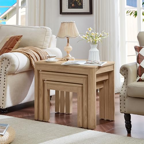 Joaxswe Farmhouse Nesting Tables Set of 3, Nesting Side Tables with Rounded Corners & 4 Thickened Table Legs, Natural Wood — view 3