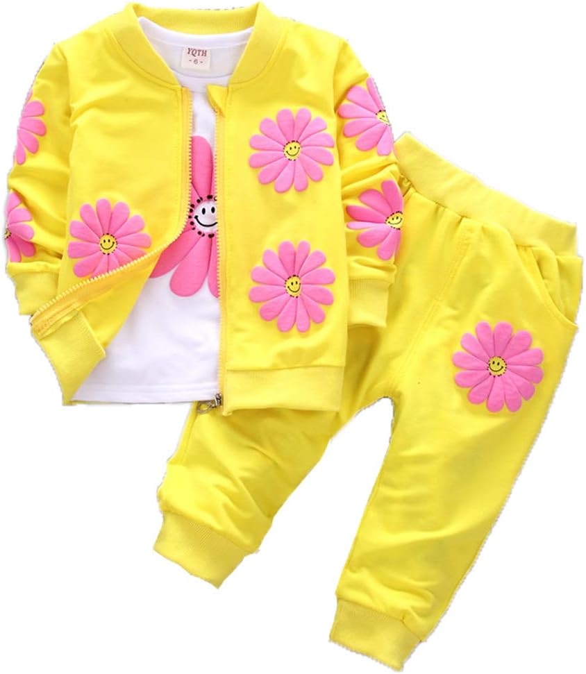 1-5Years Toddler&Little Girls Flowers Print 3 Piece Sets T Shirt Vest and Pants
