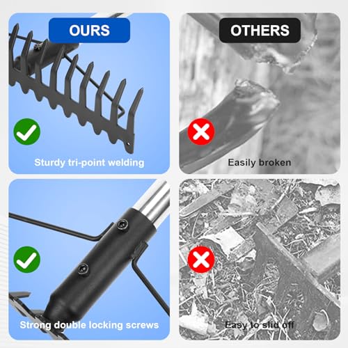 Bow Rake, Heavy Duty Garden Rake with Back-Saving Handle,17 Steel Tines Metal Head Rake Tool,for Loosening Soil Gathering Leaf Leveling Lawn Farming Land Management Yarn Thatch Rake - Thumbnail 4