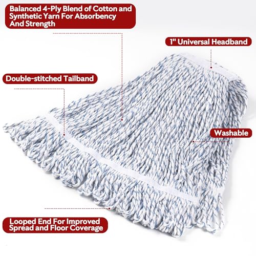 Image of Matthew Cleaning Looped-End Pack of 12 Cotton,1.25'' Universal Headband Heavy Duty Commercial Mop Head Replacement for Indoor&Outdoor Use,Grease Stain Floor Cleaning String Mops Head Refill