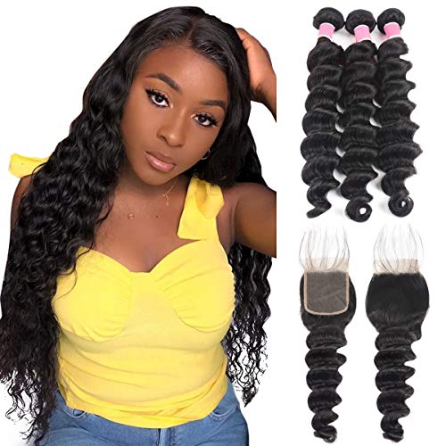Alipearl Hair Brazilian Virgin Hair Loose Deep Wave With 4x4 Lace Closure For A Full Head Loose Deep Wave Closure with Bundles Loose Curly Hair Extentions Ali Pearl Hair(16 18 20+14 closure)