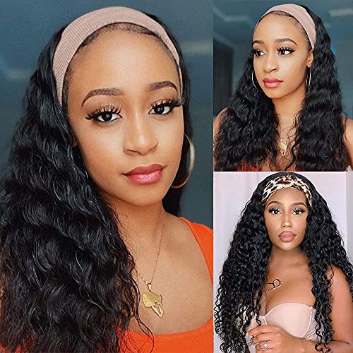 Vedusal Headband Wig Human Hair for Black Women Deep Wave Headband Wig150% Density None Lace Front Wigs 9A Brazilian Virgin Hair Machine Made Wig with Headband Attached Natural Color (20 Inch)