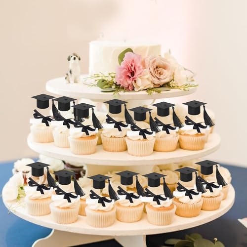 24 PCS 2026 Graduation Cap Cupcake Toppers with Tassel Class of 2026 Diploma Congrats Grad Cap Cupcake Picks Mini Caps Graduation Party Cake Decorations for 2026 Graduated Party Supplies Black - Thumbnail 6