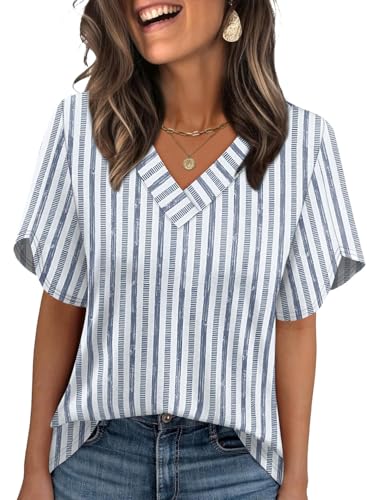 Image of WIHOLL Womens Summer Tops Short Petal Sleeve Shirts Fashion V Neck Womens Clothing
