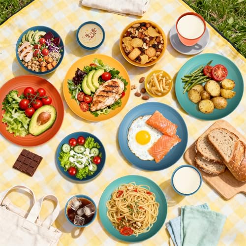 Image of Wheat Straw Dinnerware Sets, Unbreakable Plates and Bowls Sets of 16, Kids Dinnerware Set Sevice for 4, Dishwasher & Microwave Safe Dish Set for Kitchen, Outdoor, Camping - Multi