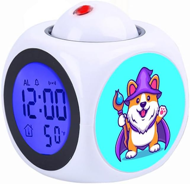 Projection Digital Children White Alarm Clock Temperature Thermometer Desk Time Date Display Table Clock Cute Corgi Dog Wizard with Magic Wand