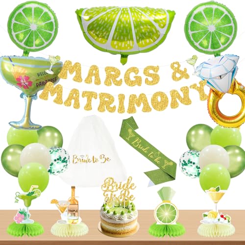 Image of Roetyce Margs and Matrimony Bachelorette Party Decorations, Green Bachelorette Party Decor Bride to Be Sash Veil Cake Topper, Margarita Banner Balloons for Mexican Fiesta Wedding Bridal Shower Party