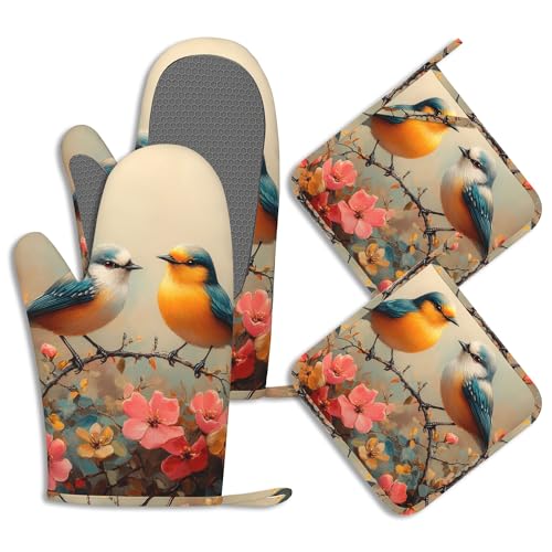 Colorful Birds Floral Oven Mitts and Pot Holders Spring Flowers Silicone Kitchen Accessories Set of 4 Heat Resistant Non-Slip Long Gloves Potholder for Chef Cooking Baking Gifts Women Men