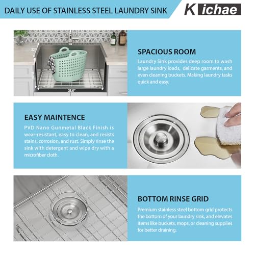 Image of Kichae 25 Laundry Sink with Faucet - 25x22 Drop In Utility Sink 12 inch Deep Topmount Single Bowl Stainless Steel Single Bowl Kitchen Sink Handmade Basin with Pull Down Faucet Combo