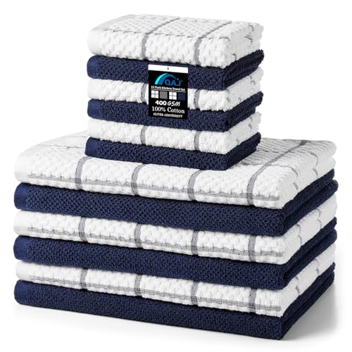 QAJ 12 Pack Kitchen Towels and Dishcloths Set, 100% Cotton Soft and Absorbent Kitchen Towels 16 x 25 inche & 13 x 13inche Dishcloths