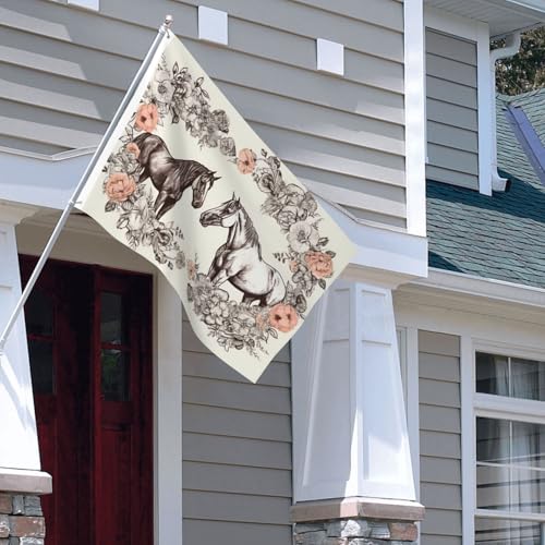 Drapeau extérieur fleurs et chevaux grand format 1,2 x 1,8 m pour décoration de jardin