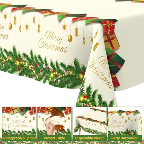 2 PCS Plastic Christmas Tablecloths(54x108 Inch) Rectangle Disposable White Green Holiday Xmas Table Cloths Cover Vinyl Merry Party Favors Supplies Decorations Bell Cane Tree Picnic Dinner Decor – Image 3