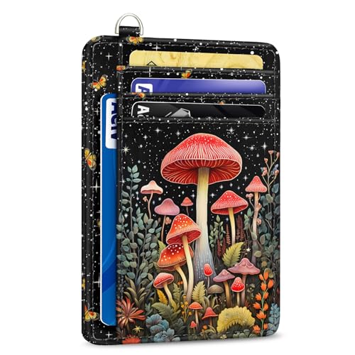 Image of Yonlevres Mushroom Credit Card Holder Slim RFID Wallet Women Small Travel | Front Pocket, Handy, RFID Blocking, Woman Girls Ladies Gifts, D-ring for Keychain,Thin Mini Card Case, ID Window, PU Leather