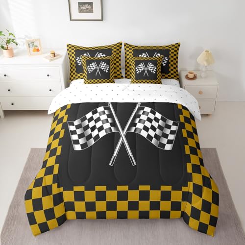 7 Pieces Racing Comforter Set for Kids Yellow Black White Bedding Set Queen Size,Racing Car Flag Game Theme Comforter for Boys Girls Adult Checkered Flag Super Soft Fade Resistant Microfiber Bedding