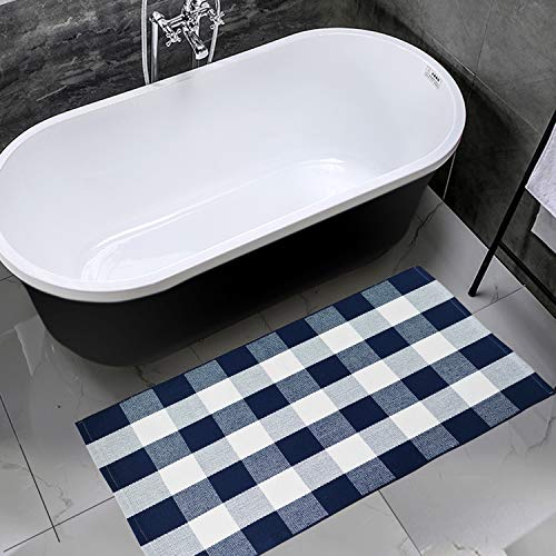 Ustide Navy Blue And White Buffalo Check Rug 23.6"X51" Washable Hand Woven Plaid Rug Layered Outdoor Rug Runner For Kitchen Porch #TOP5