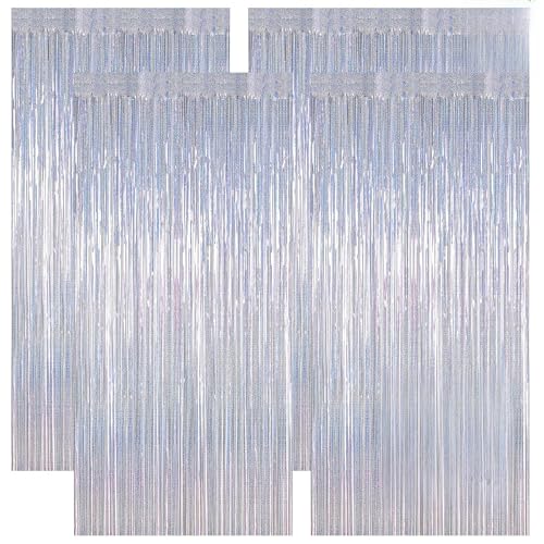 Image of ZATAYE 4 Pack Glitter Silver New Years Eve Foil Curtain Decorations | Glitter Silver, Metallic Foil, 3.28 x 7.05 FT, Tinsel Backdrop, Foil Curtain Streamer, New Years Eve Party