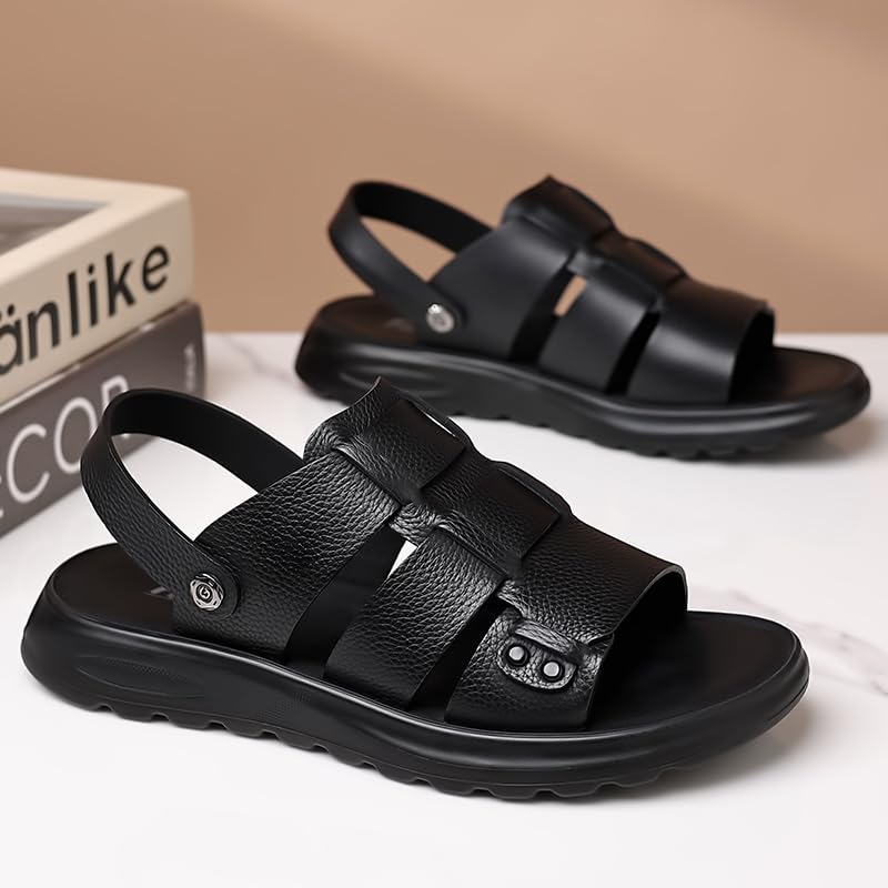 Men's Leather Flat Fashon Comfort Sandals with Adjustable Dual-Purpose Straps Soft Sole Open Toe Platform Slide-In Non-Slip Beach Water Slippers for Casual Walking Office Business Travel4