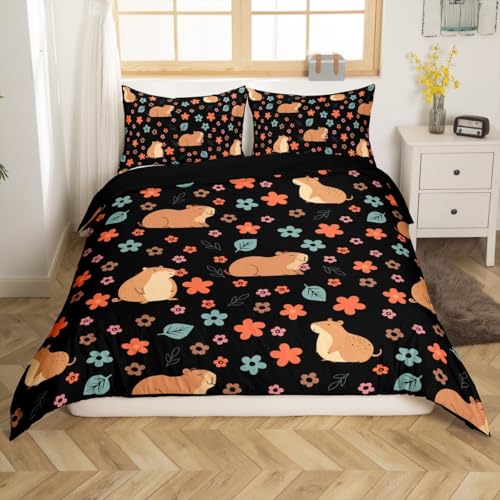 Cute Capybara Comforter Cover Capybara Duvet Cover Floral Capybara Kawaii Animal for Kids Boys Girls Comforter Cover Brown Capybara Bedspread Cover Room Decor Bedclothes Full Size (No Comforter)