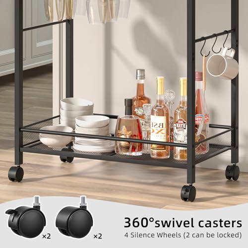 Image of Joaxswe Bar Cart, Home Bar Serving Cart with 2-Tier Shelf,Rolling Beverage Cart with Wheels,Mobile Kitchen Shelf,Modern Black Wine Drink Cart with Wine Rack and Glass Holder for Kitchen,Dinning Room