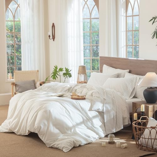 Image of MooMee Striped Sheet Set 100% Washed Cotton Linen Like King | Relaxed Linen-like Texture. Soft, Breathable & Lightweight Comfort. 15-19 inch Extra Deep Pocket with All-around Elastic
