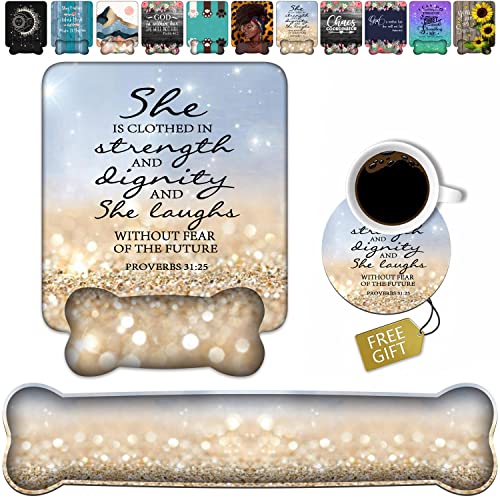 Wrist Rest Support Ergonomic Gel Mouse Pad & Memory Foam Keyboard Set, Non-Slip Rubber PU Base for Home Office Working Studying Easy Typing & Pain Relief - Bible Verses Proverbs 31:25