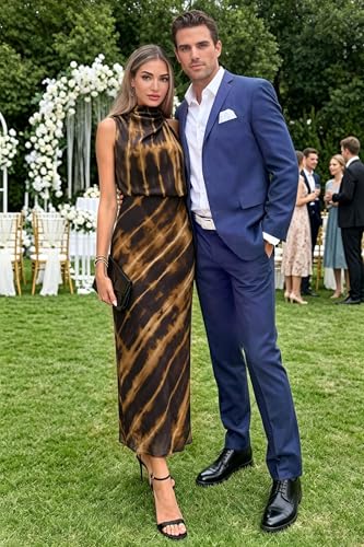 Image of Women's Satin Maxi Dress Summer Formal Wedding Guest Cocktail Dress | Mock Neck Sleeveless,Elegant Silk Midi Long Dress,High Neck,Halter,Aline,Bridesmaid,Bridal Shower Guest,Garden Party,Dinner